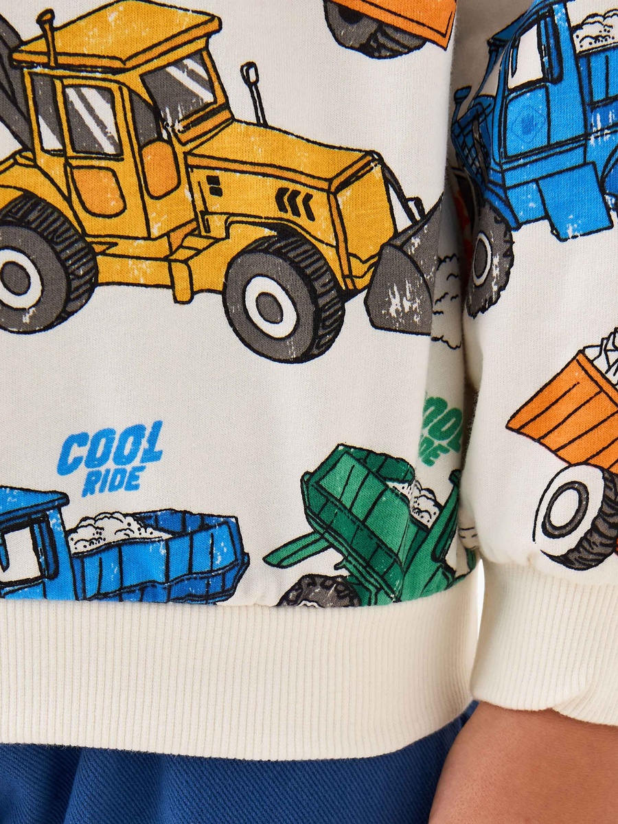 Crew Neck Cotton Sweatshirt with Vehicle Print