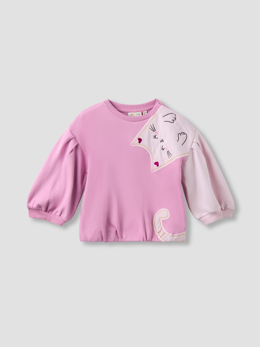 Round Neck Sweatshirt with Cat Applique