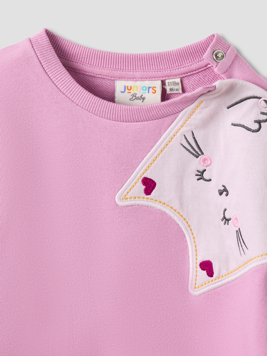 Round Neck Sweatshirt with Cat Applique