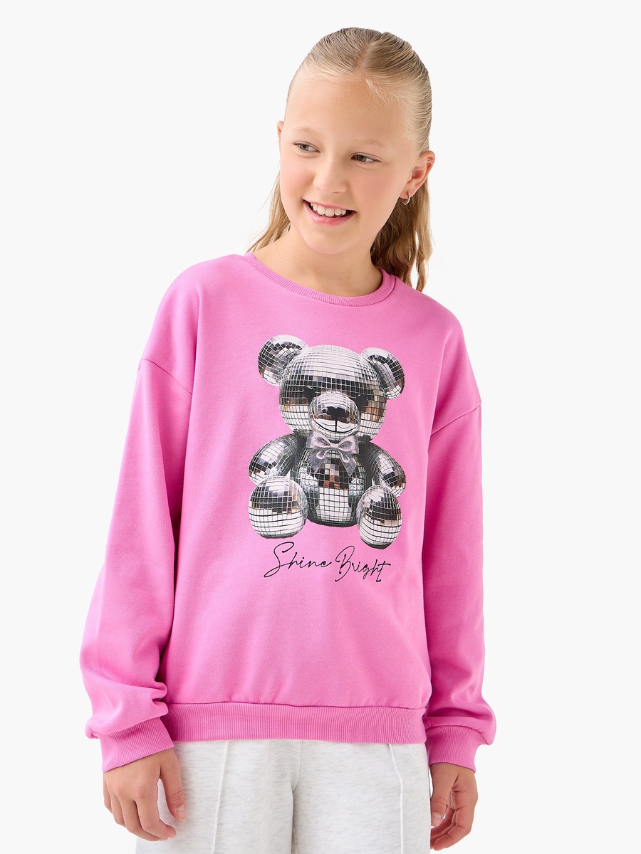 Crew Neck Cotton Sweatshirt with Teddy Bear Print