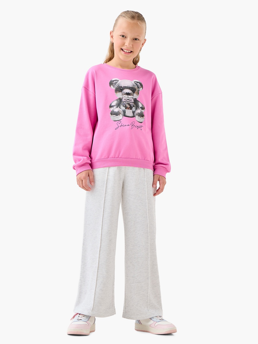 Crew Neck Cotton Sweatshirt with Teddy Bear Print