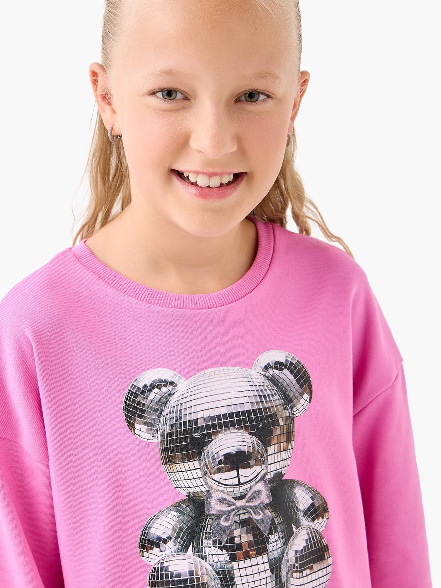 Crew Neck Cotton Sweatshirt with Teddy Bear Print