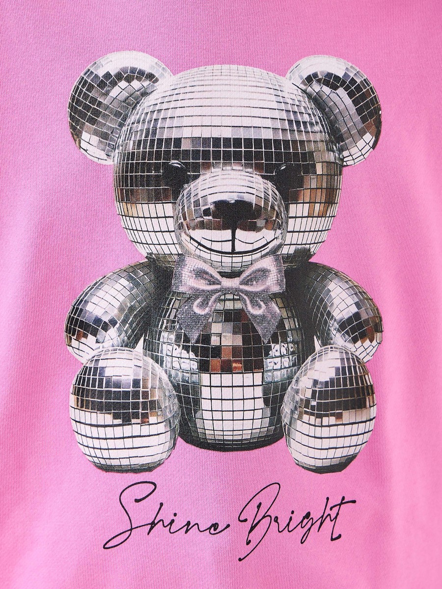 Crew Neck Cotton Sweatshirt with Teddy Bear Print