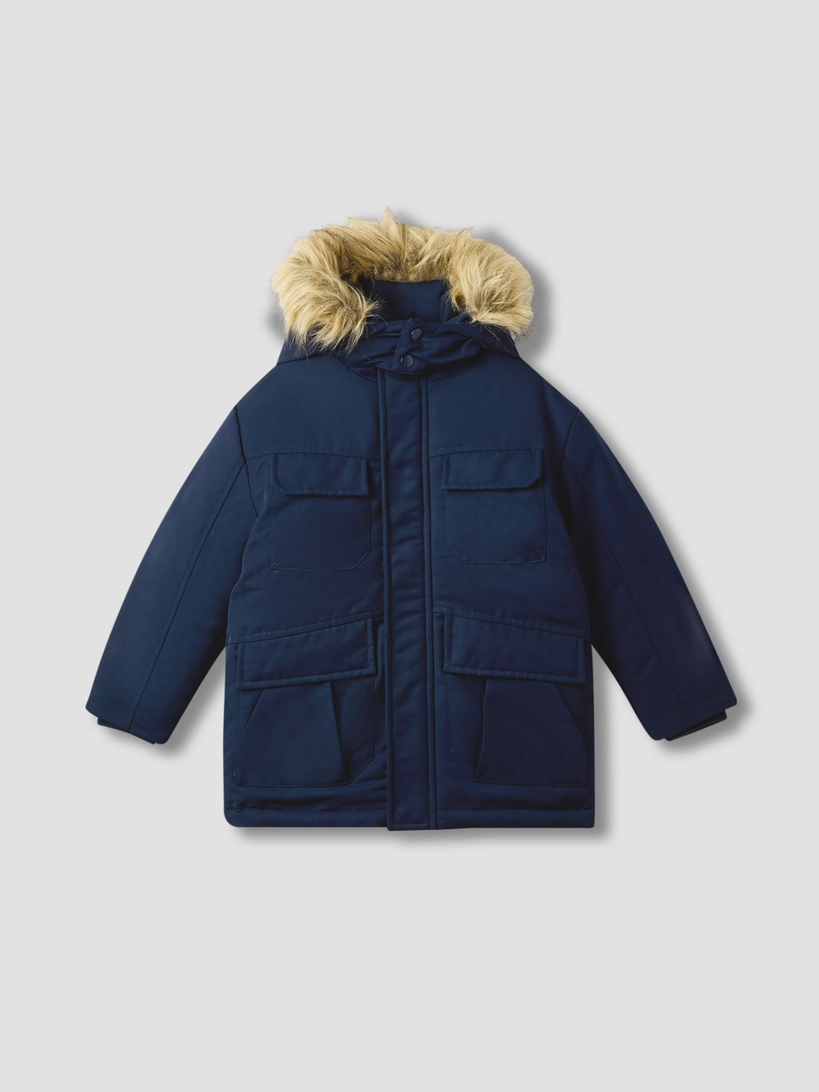 Faux-Fur Trim Hooded Parka with Zip Closure