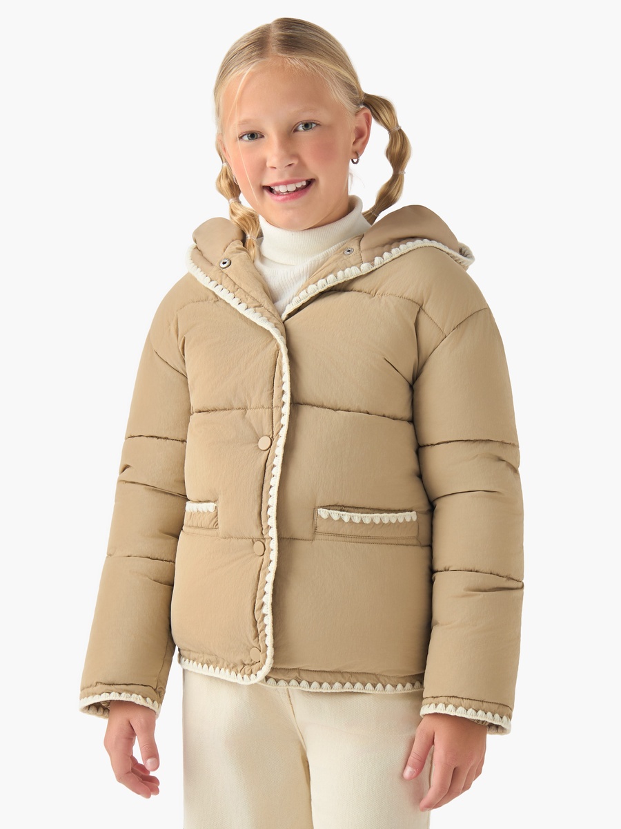 Scalloped Trim Puffer Heavy Jacket with Hood and Button Closure