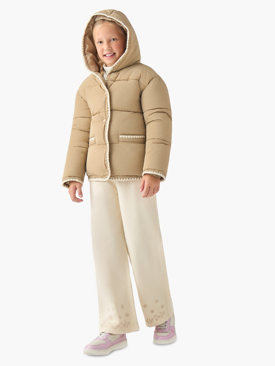 Scalloped Trim Puffer Heavy Jacket with Hood and Button Closure