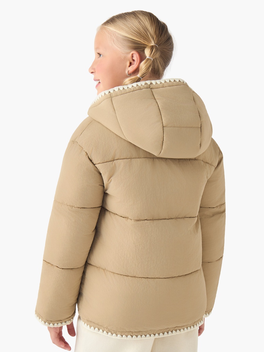 Scalloped Trim Puffer Heavy Jacket with Hood and Button Closure