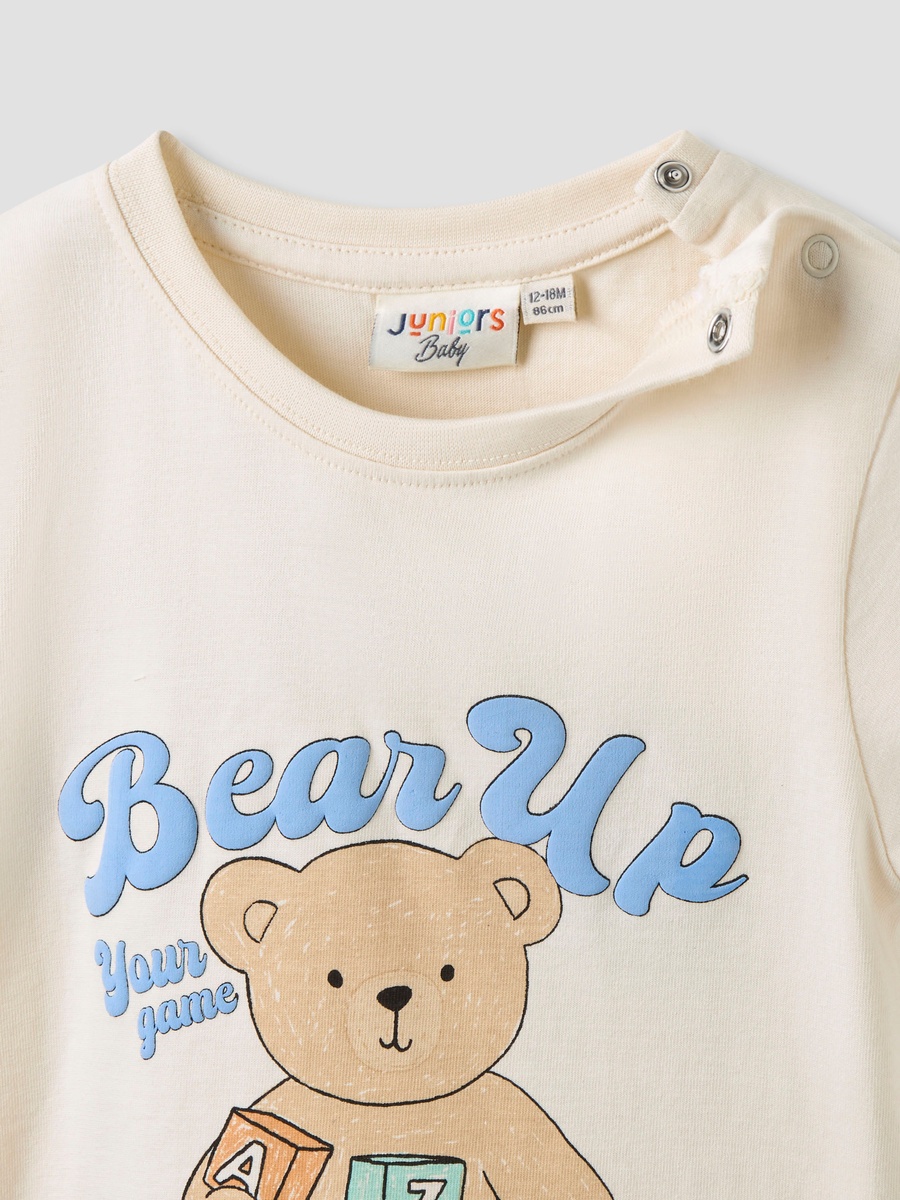 Bear Print Cotton Crew Neck T-Shirt with Short Sleeves
