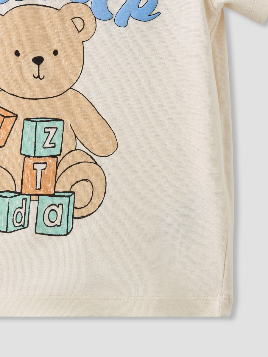 Bear Print Cotton Crew Neck T-Shirt with Short Sleeves