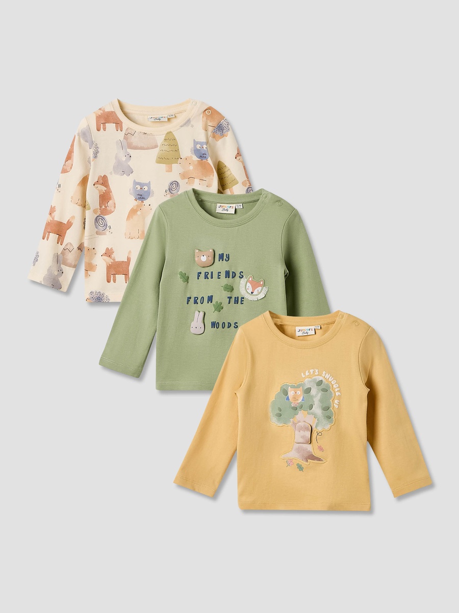 Animal Print Cotton Crew Neck T-Shirt with Long Sleeves - Set of 3