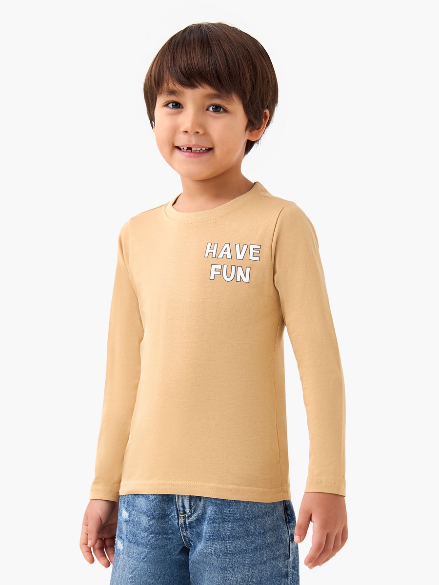 Slogan Print Cotton Crew Neck T-Shirt with Long Sleeves