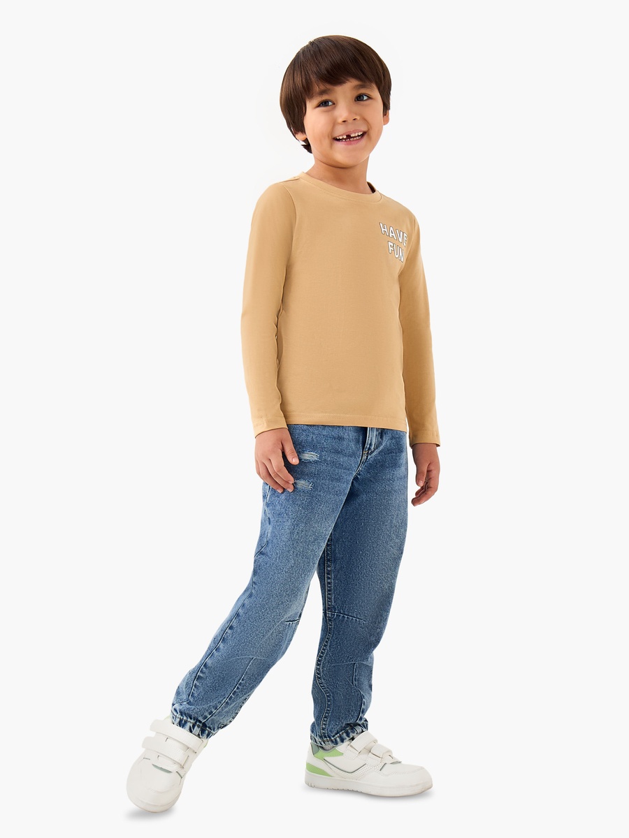 Slogan Print Cotton Crew Neck T-Shirt with Long Sleeves
