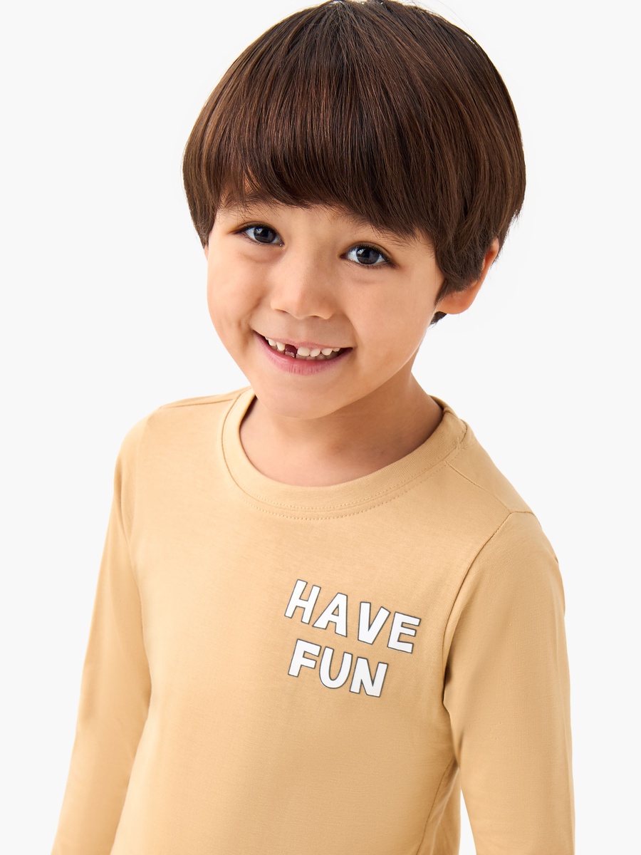 Slogan Print Cotton Crew Neck T-Shirt with Long Sleeves