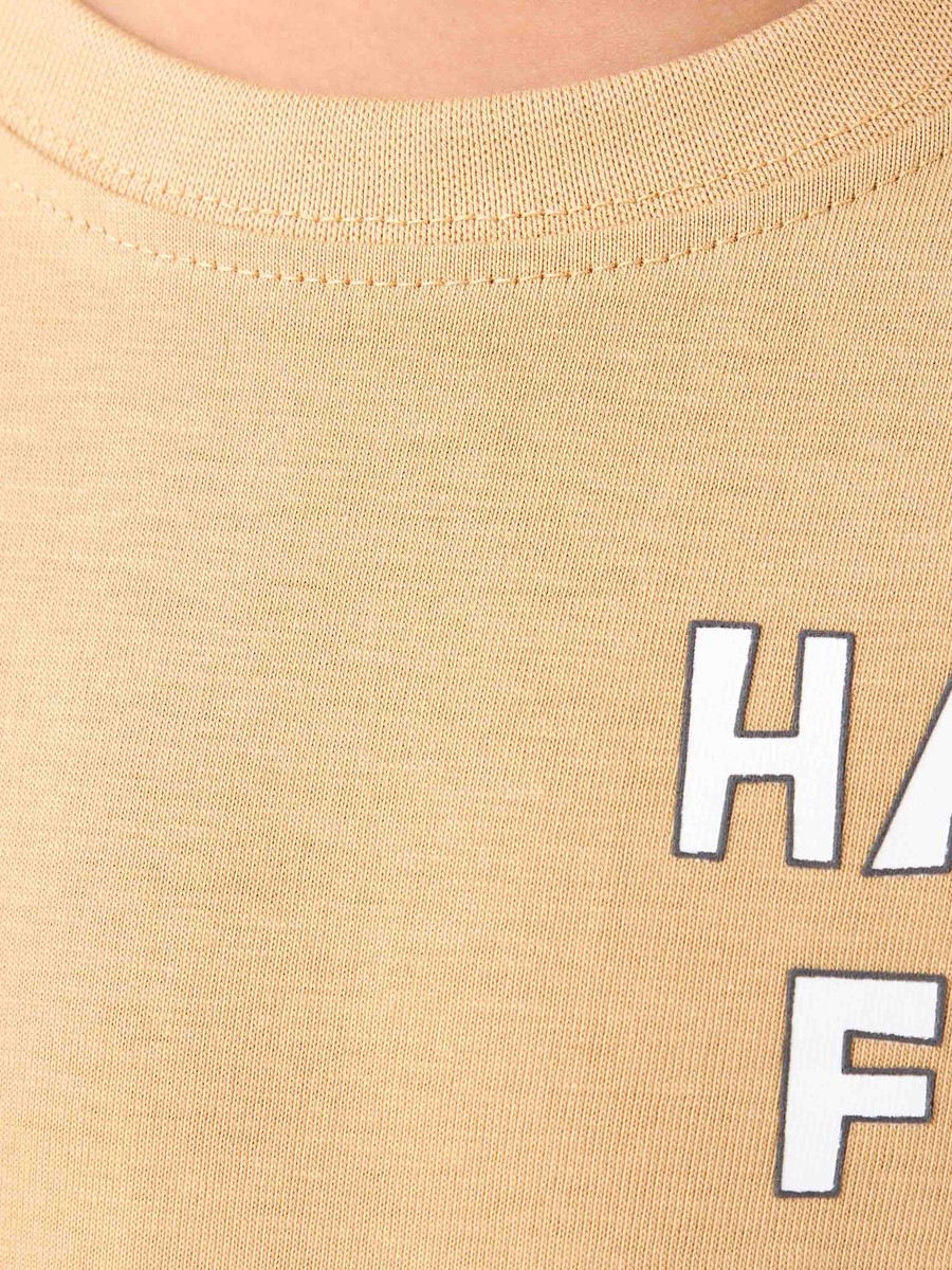 Slogan Print Cotton Crew Neck T-Shirt with Long Sleeves