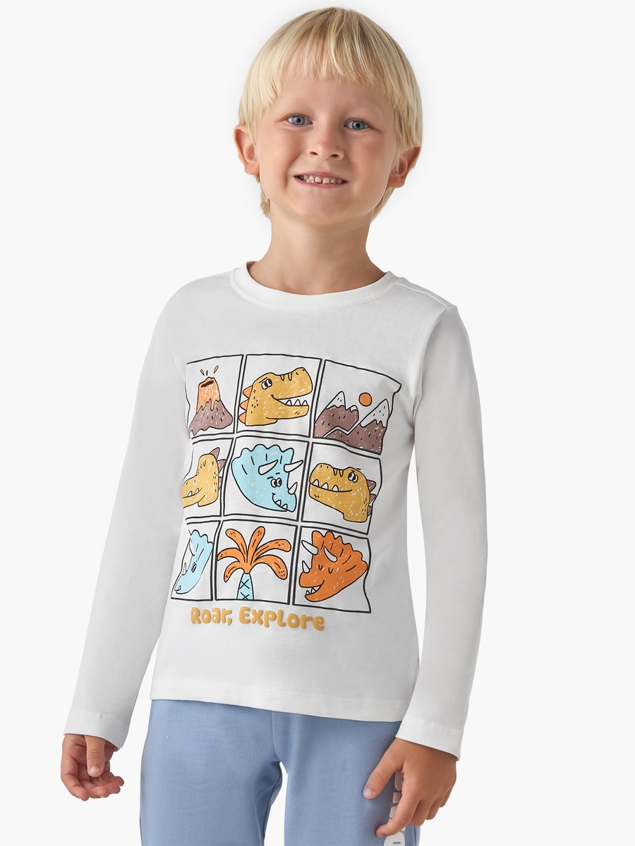 Dinosaur Print Cotton Crew Neck T-Shirt with Long Sleeves
