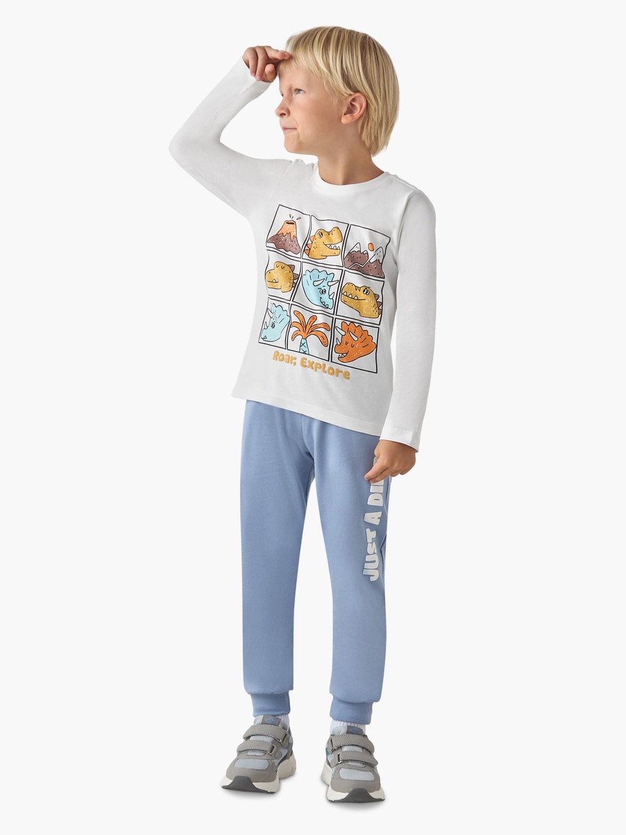 Dinosaur Print Cotton Crew Neck T-Shirt with Long Sleeves