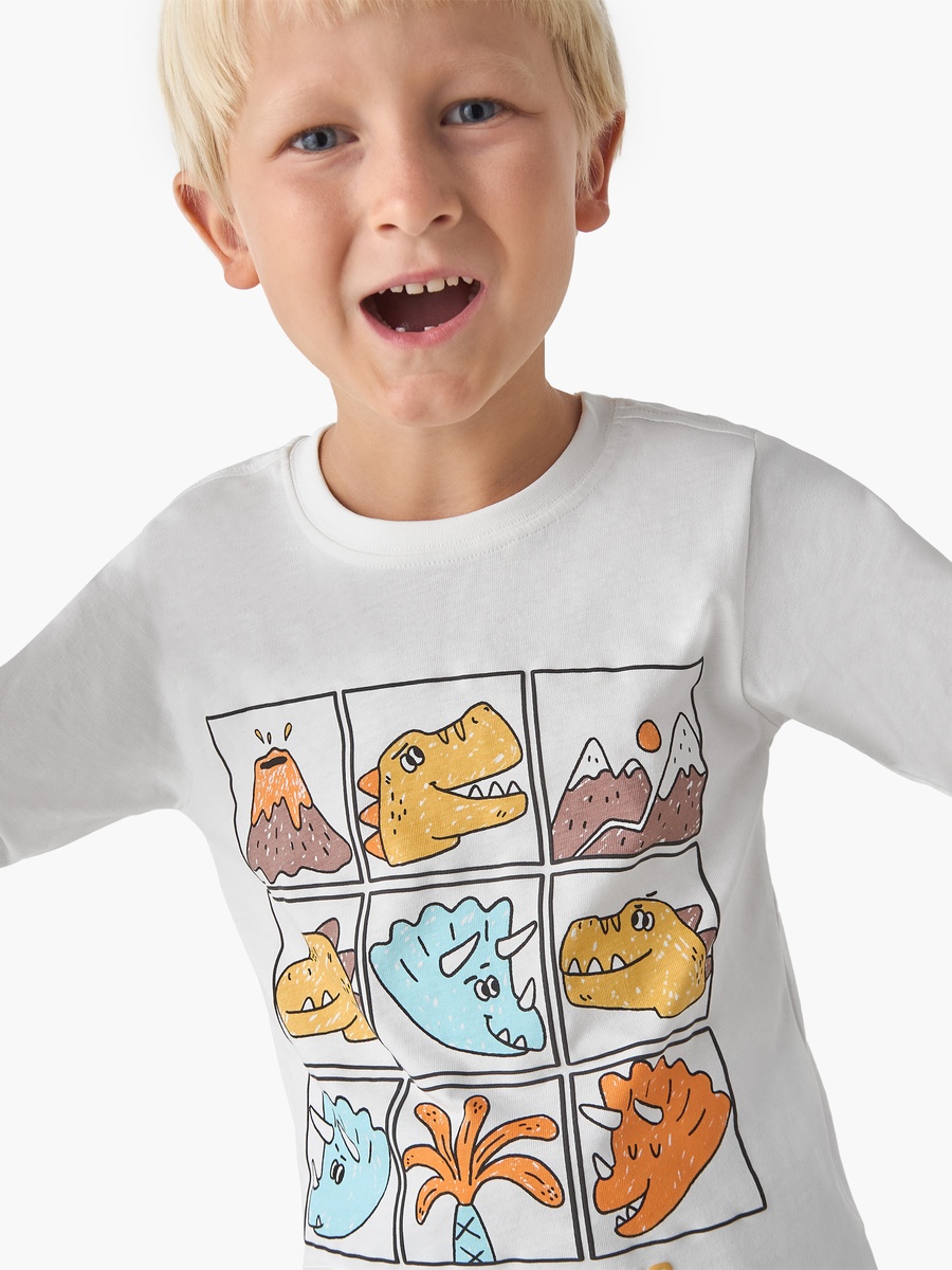 Dinosaur Print Cotton Crew Neck T-Shirt with Long Sleeves