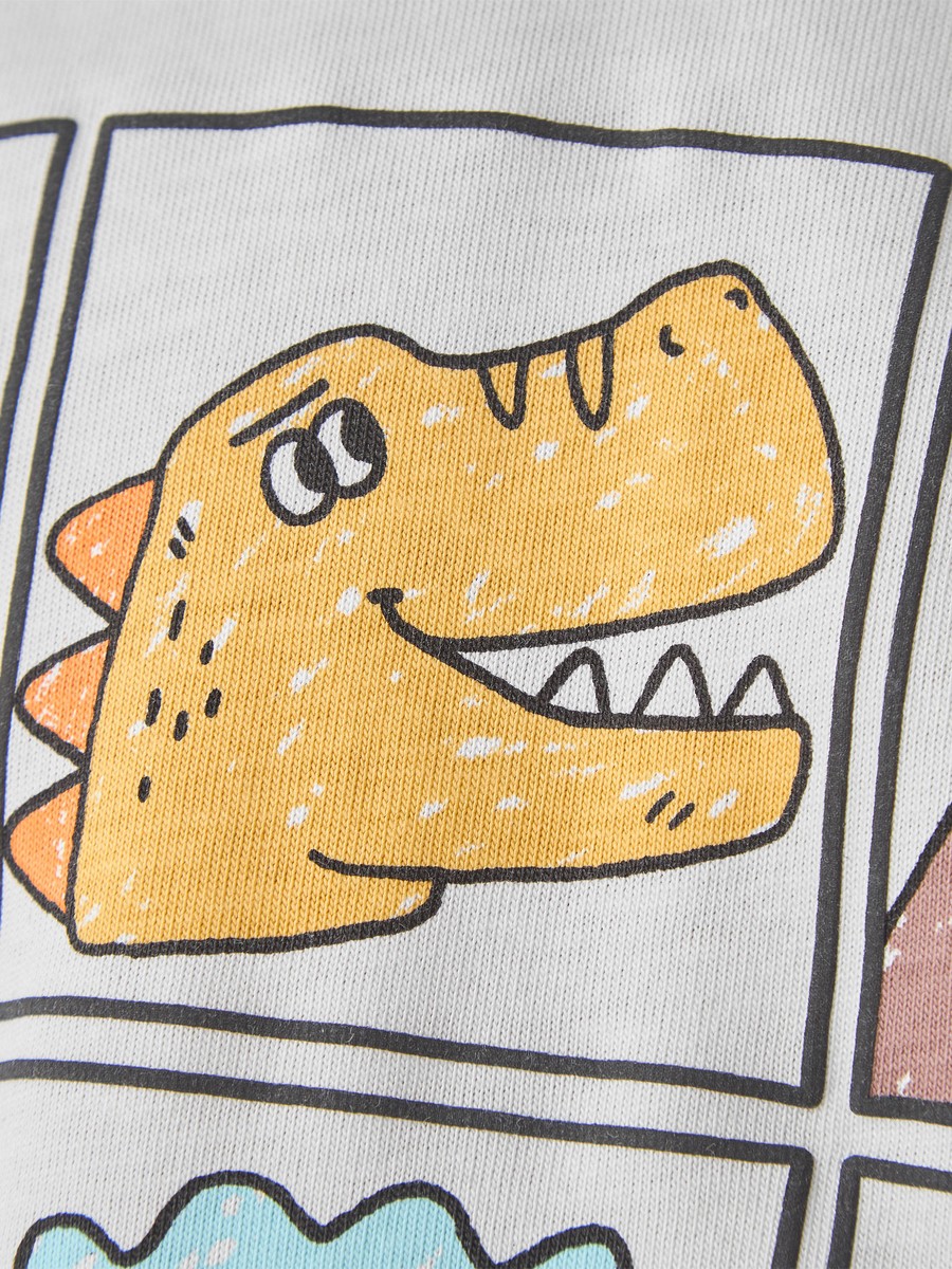 Dinosaur Print Cotton Crew Neck T-Shirt with Long Sleeves