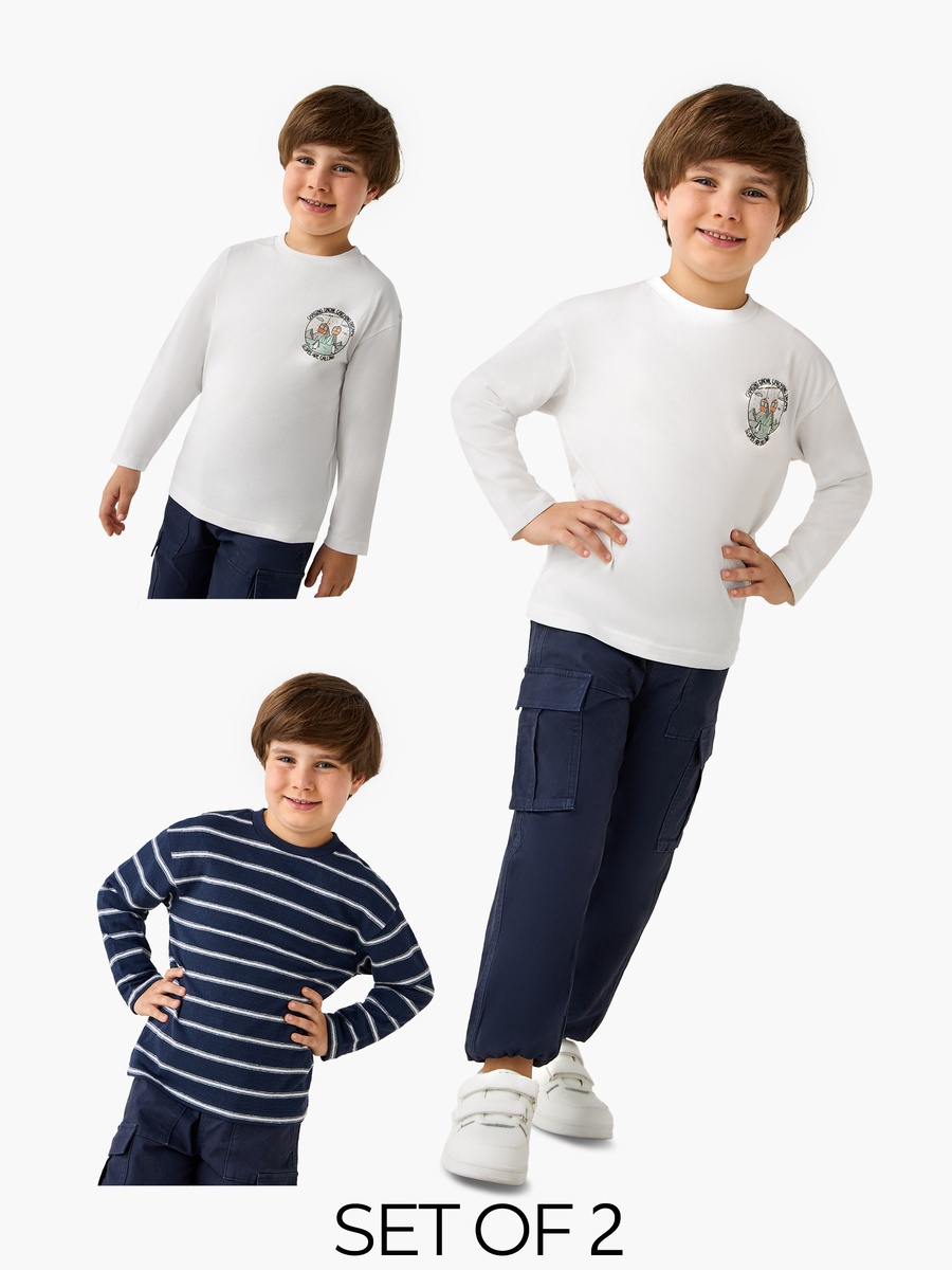 Crew Neck Cotton T-Shirt and Long Sleeves - Set of 2