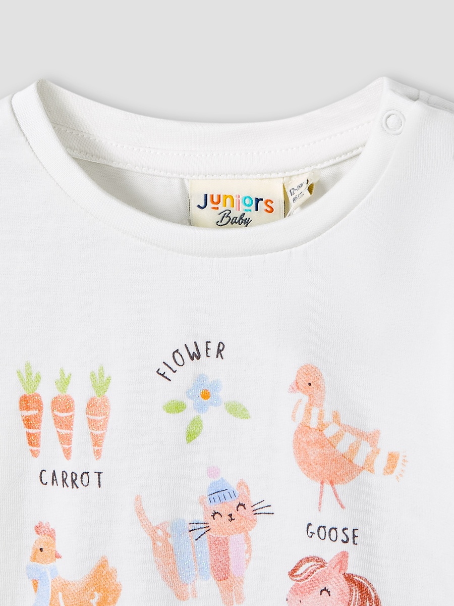 Graphic Print Cotton Round Neck T-Shirt with Long Sleeves