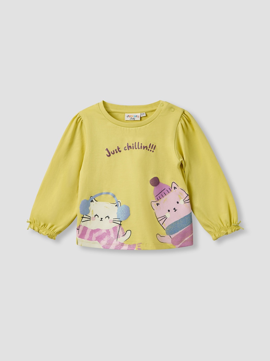 Cat Print Cotton Round Neck T-Shirt with Long Sleeves