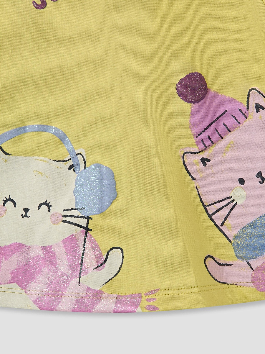 Cat Print Cotton Round Neck T-Shirt with Long Sleeves