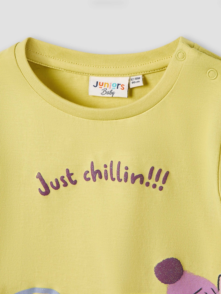 Cat Print Cotton Round Neck T-Shirt with Long Sleeves