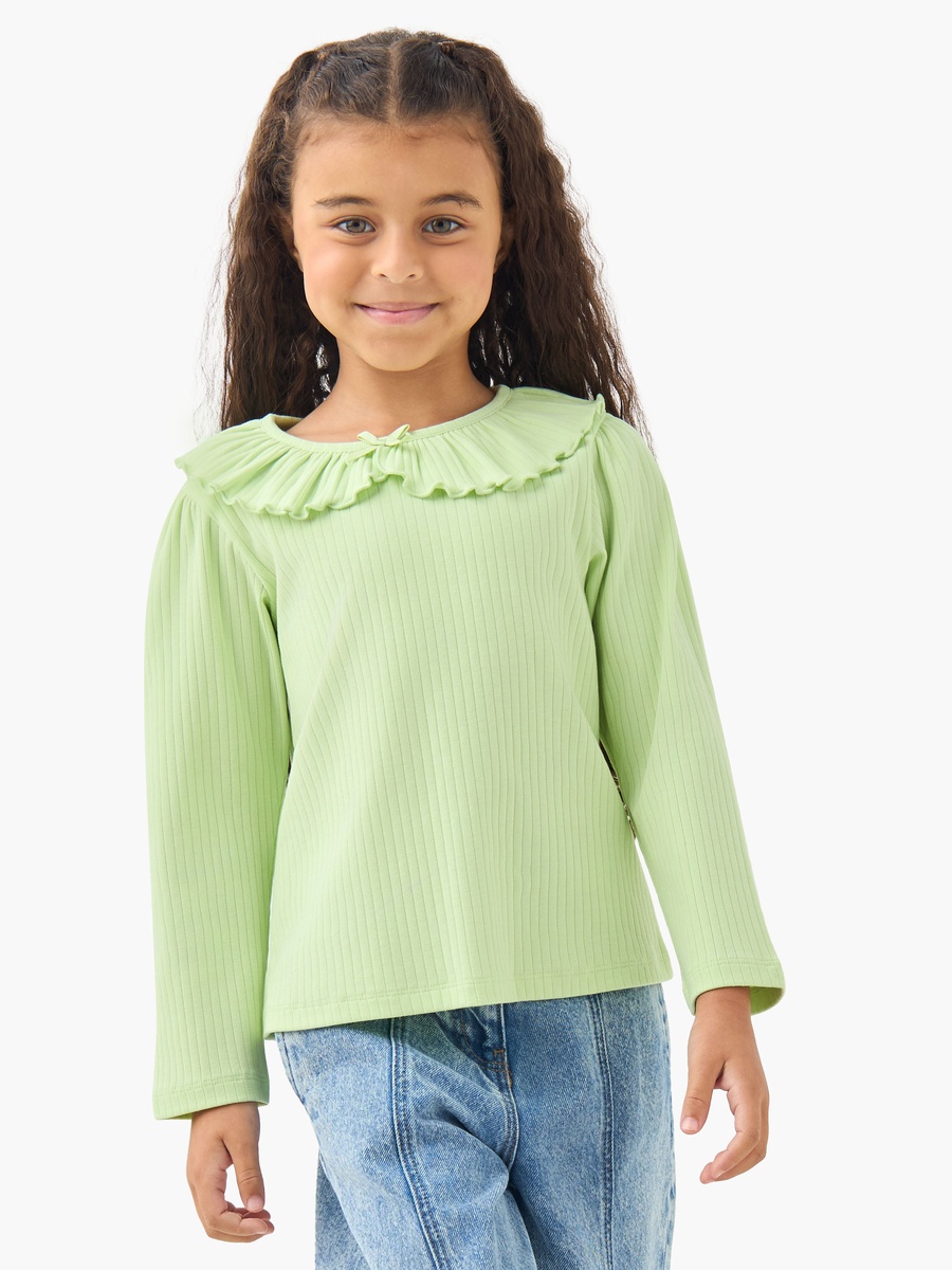 Ribbed Texture Cotton Ruffled Collar T-Shirt with Long Sleeves