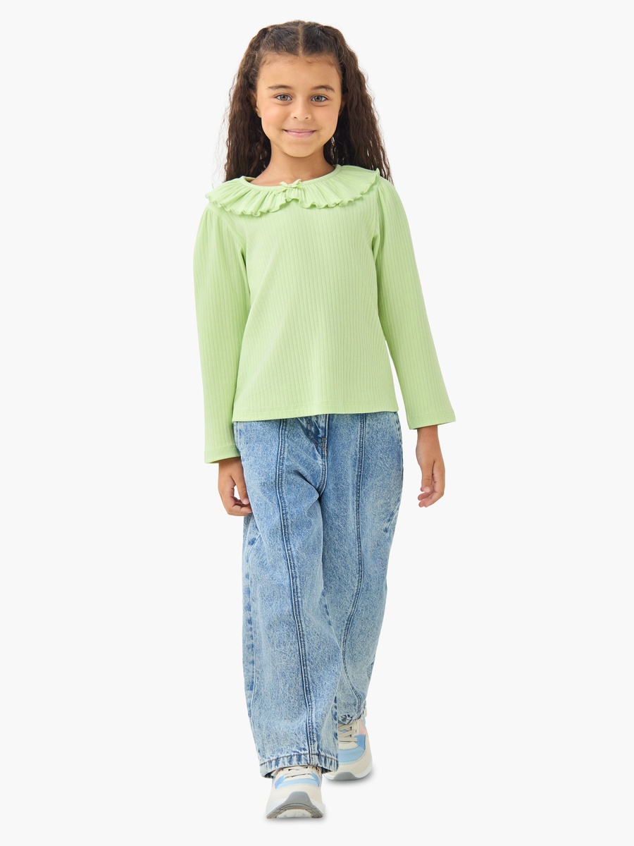 Ribbed Texture Cotton Ruffled Collar T-Shirt with Long Sleeves