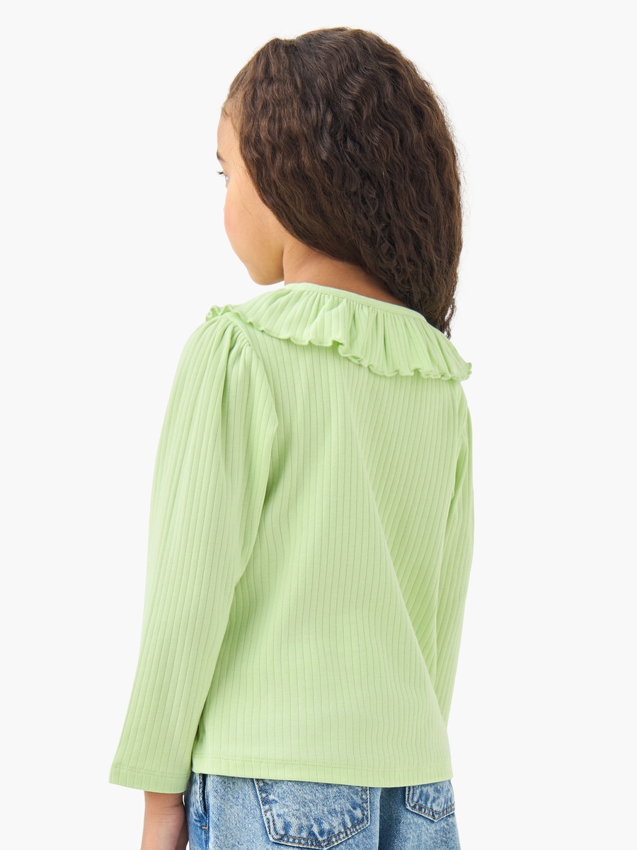 Ribbed Texture Cotton Ruffled Collar T-Shirt with Long Sleeves