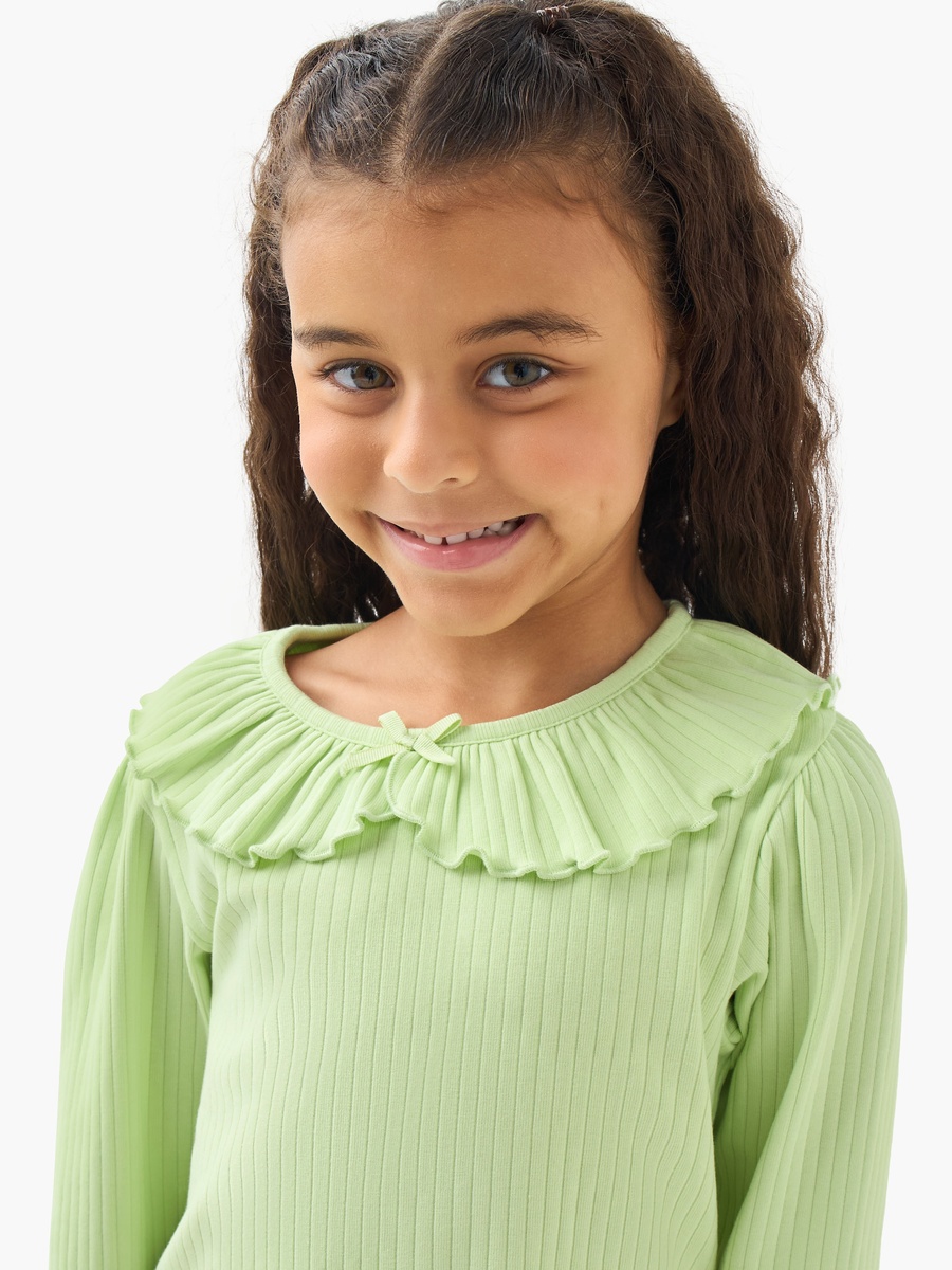 Ribbed Texture Cotton Ruffled Collar T-Shirt with Long Sleeves