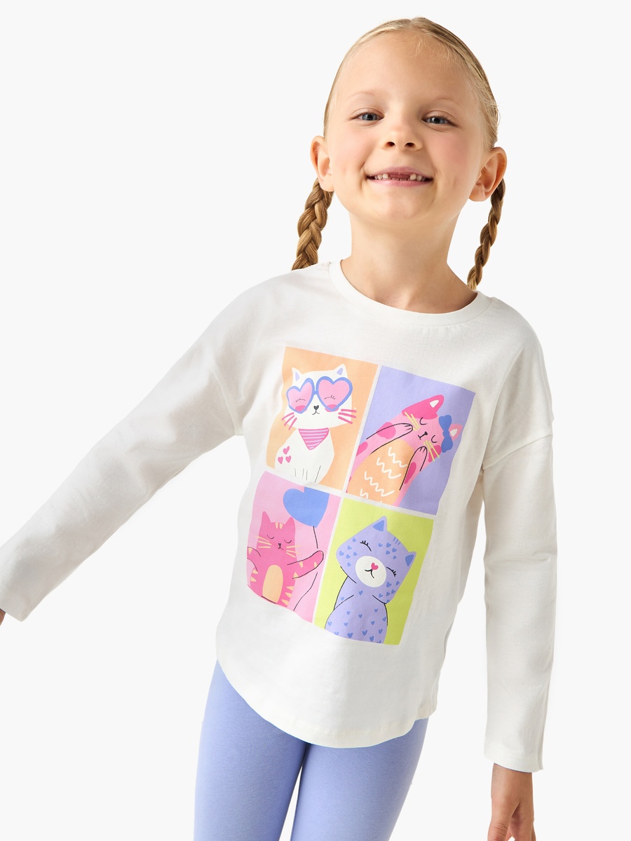 Cat Print Cotton Crew Neck T-Shirt with Long Sleeves