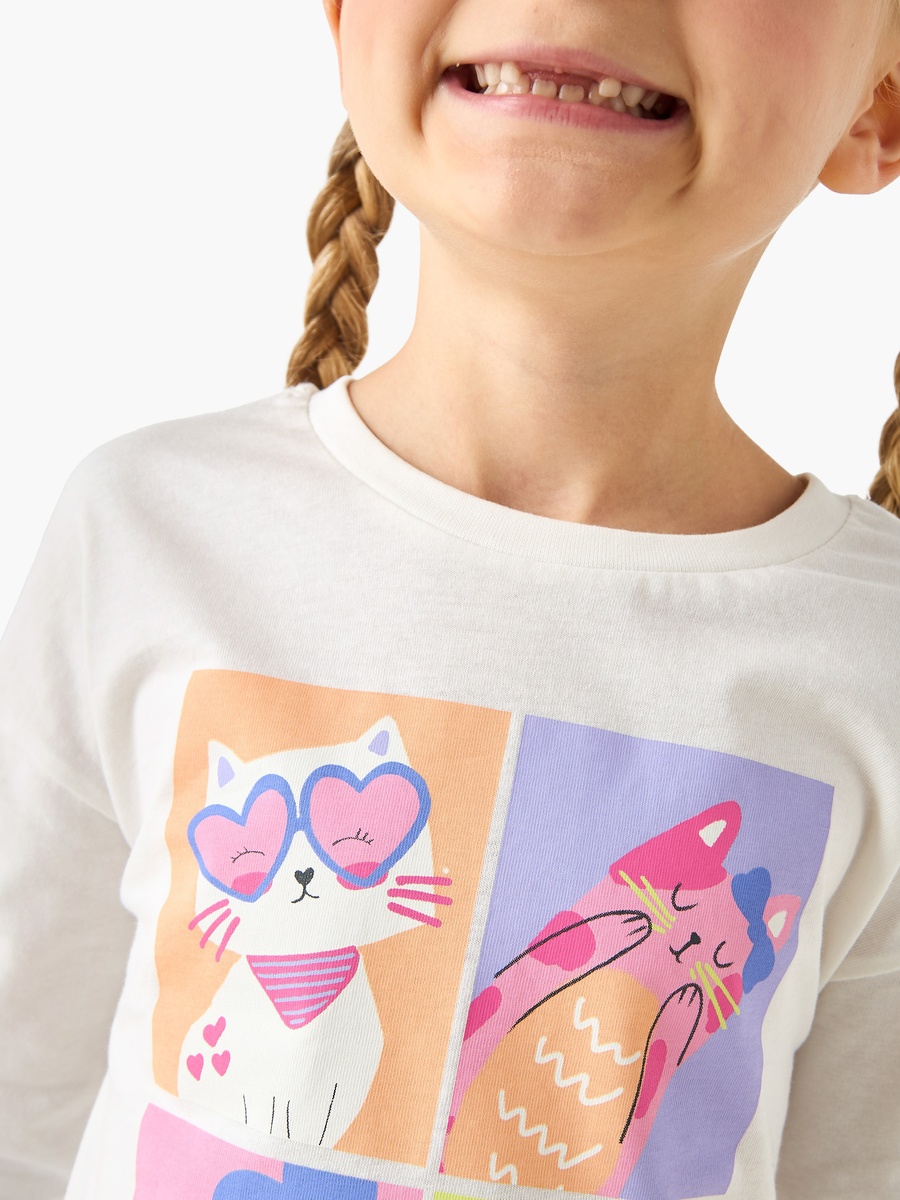 Cat Print Cotton Crew Neck T-Shirt with Long Sleeves