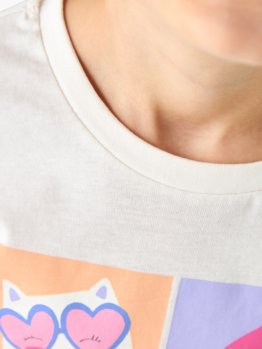 Cat Print Cotton Crew Neck T-Shirt with Long Sleeves