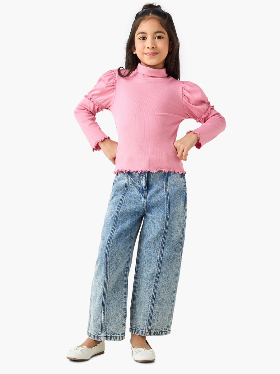 Cotton Blend Turtleneck Top with Lettuce Hem
