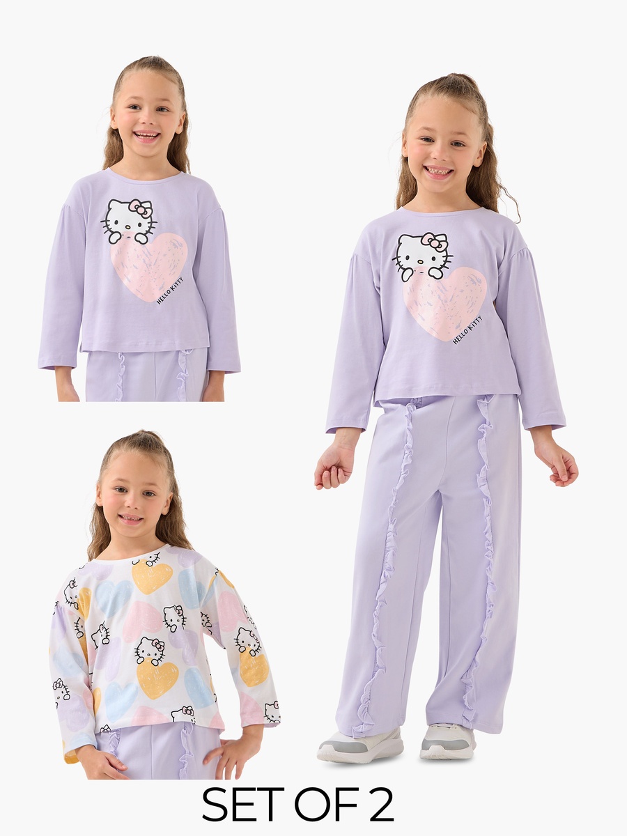 Hello Kitty Print Cotton Long Sleeves Crew Neck T-Shirt with - Set of 2