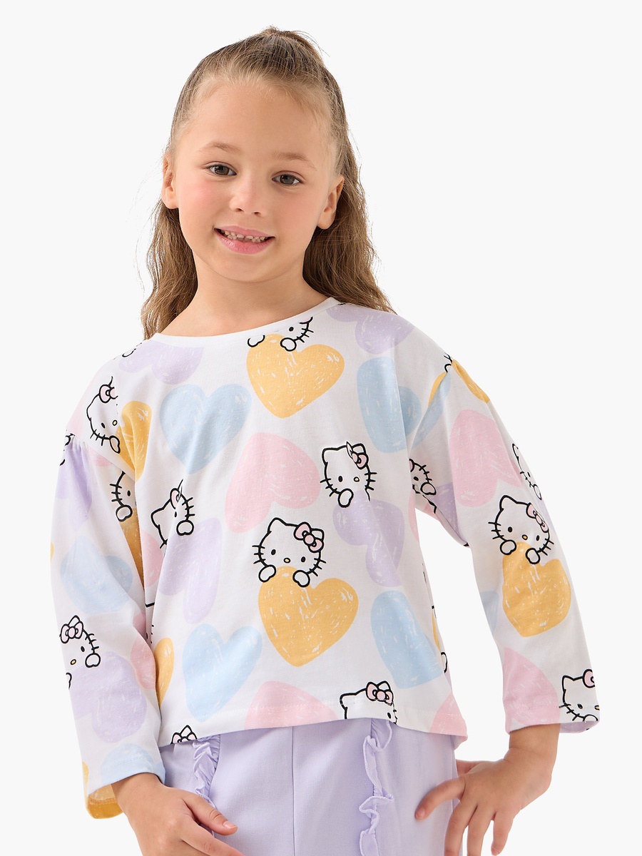 Hello Kitty Print Cotton Long Sleeves Crew Neck T-Shirt with - Set of 2