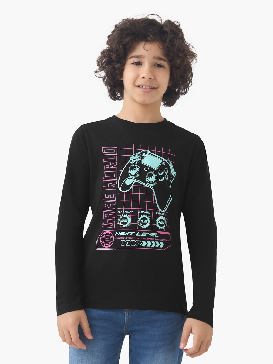 Gaming Print Cotton Crew Neck T-Shirt with Long Sleeves