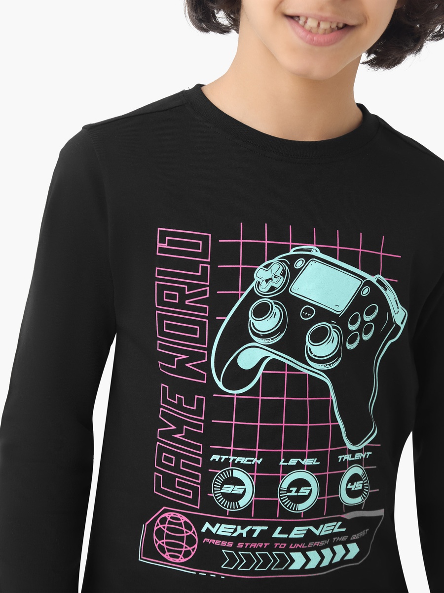 Gaming Print Cotton Crew Neck T-Shirt with Long Sleeves