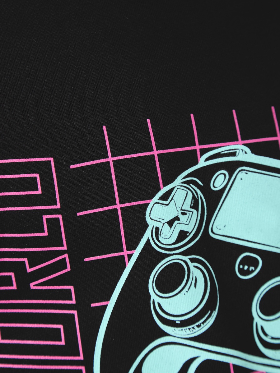 Gaming Print Cotton Crew Neck T-Shirt with Long Sleeves