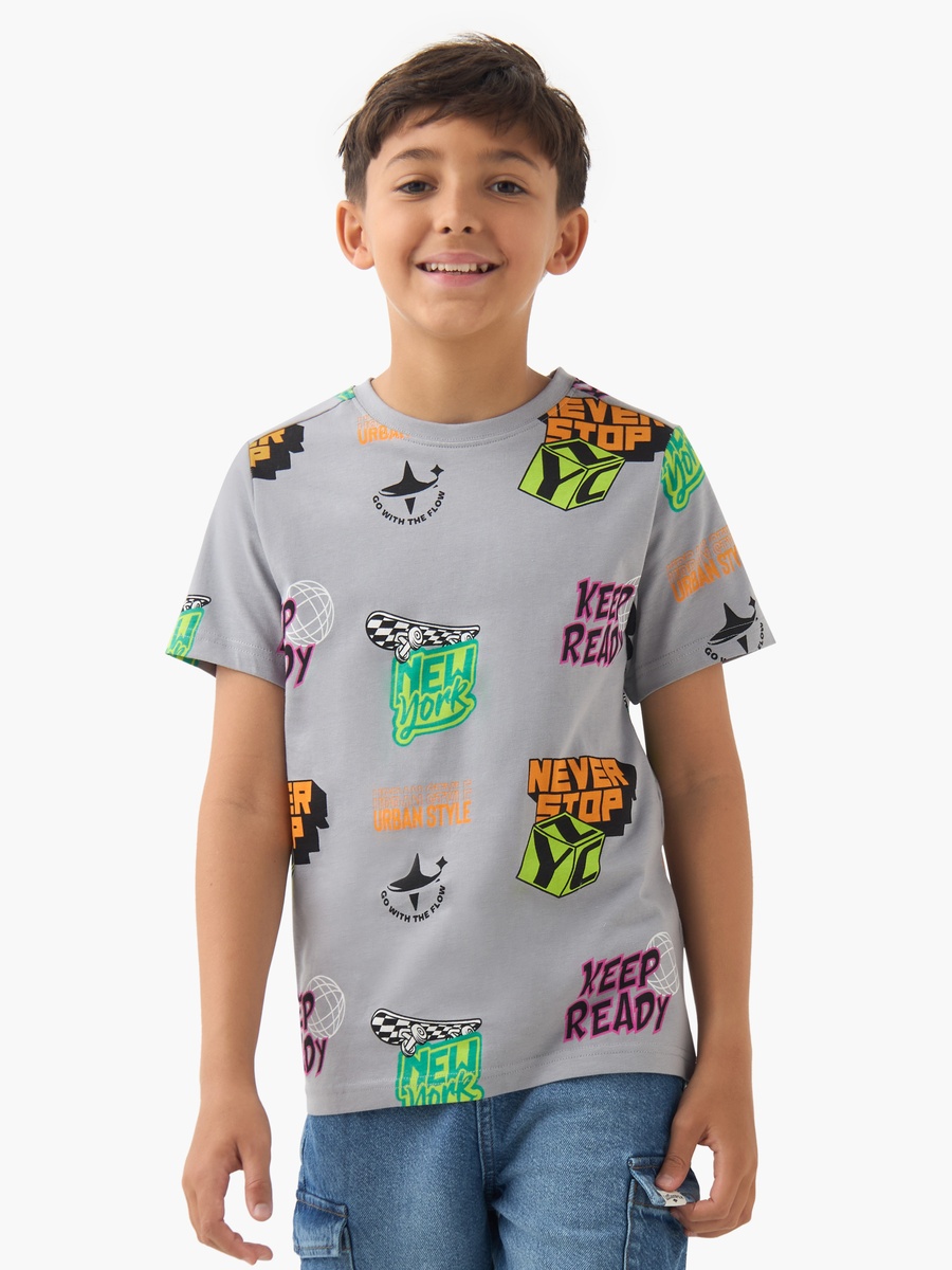 Fun Print Cotton Crew Neck T-Shirt with Short Sleeves
