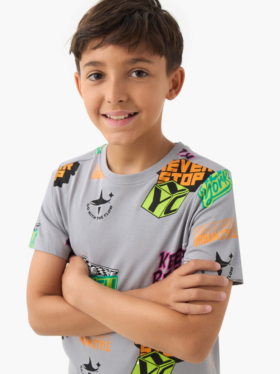Fun Print Cotton Crew Neck T-Shirt with Short Sleeves