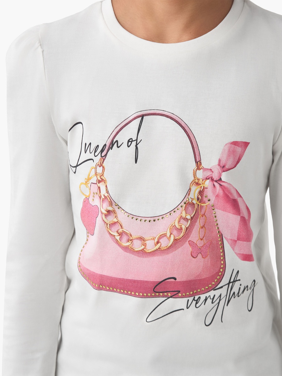 Cotton Crew Neck T-Shirt with Embellished Detail and Long Sleeves