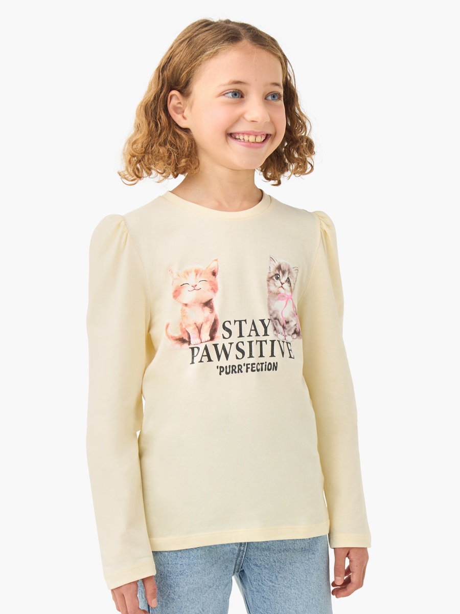 Cat Print Cotton Crew Neck with Long Sleeves