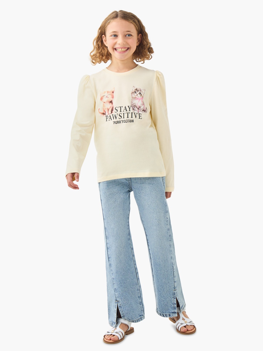Cat Print Cotton Crew Neck with Long Sleeves