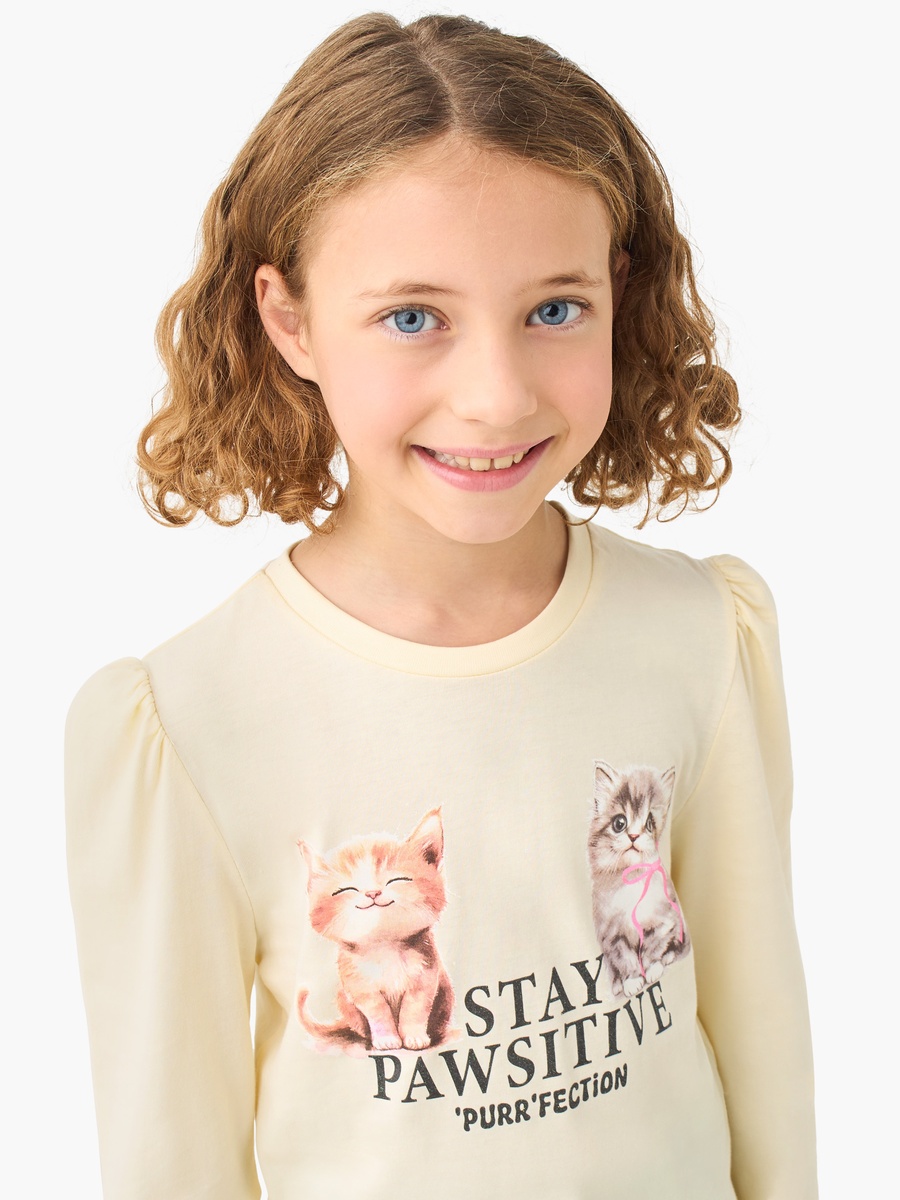 Cat Print Cotton Crew Neck with Long Sleeves