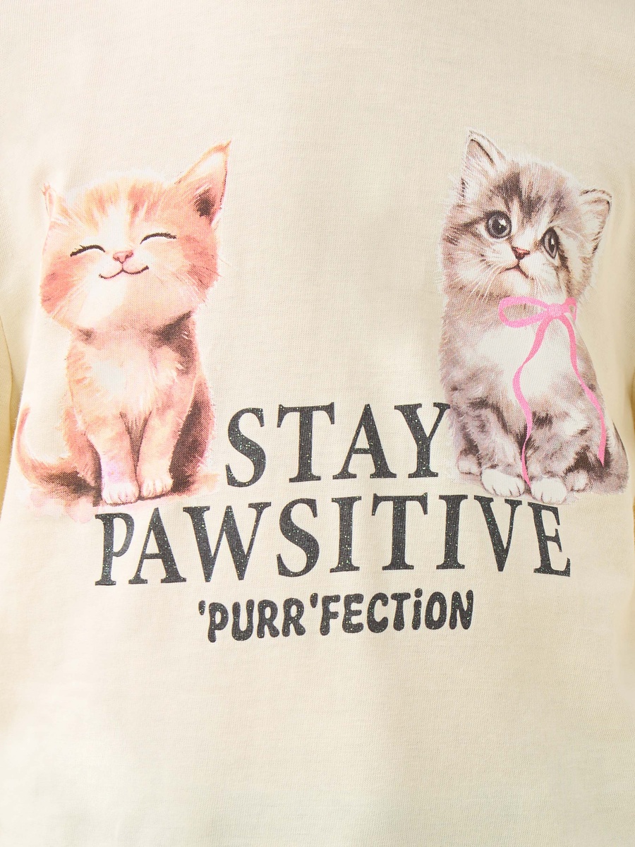 Cat Print Cotton Crew Neck with Long Sleeves