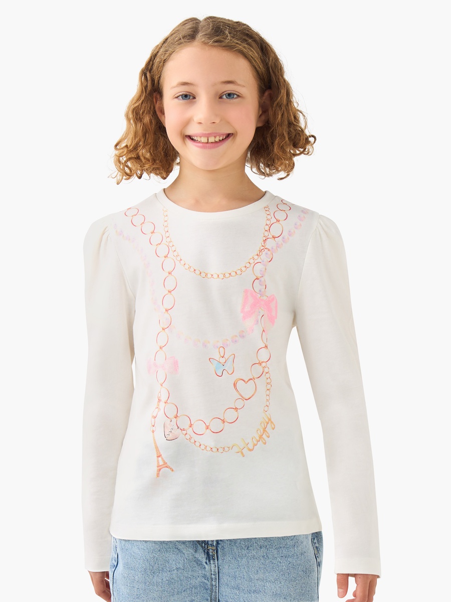 Bow Print Cotton Crew Neck T-Shirt with Long Sleeves
