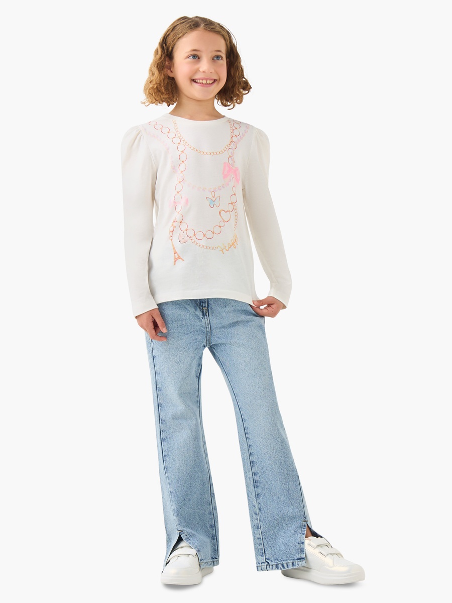 Bow Print Cotton Crew Neck T-Shirt with Long Sleeves
