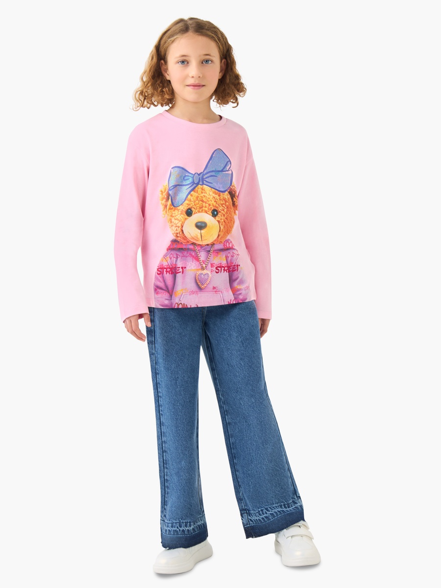 Bear Print Cotton Crew Neck T-Shirt with Long Sleeves